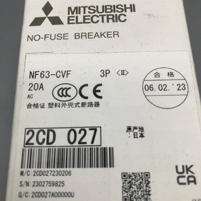 三菱電機 ノーヒュ－ズ遮断器 NF63-CVF 3P 20A